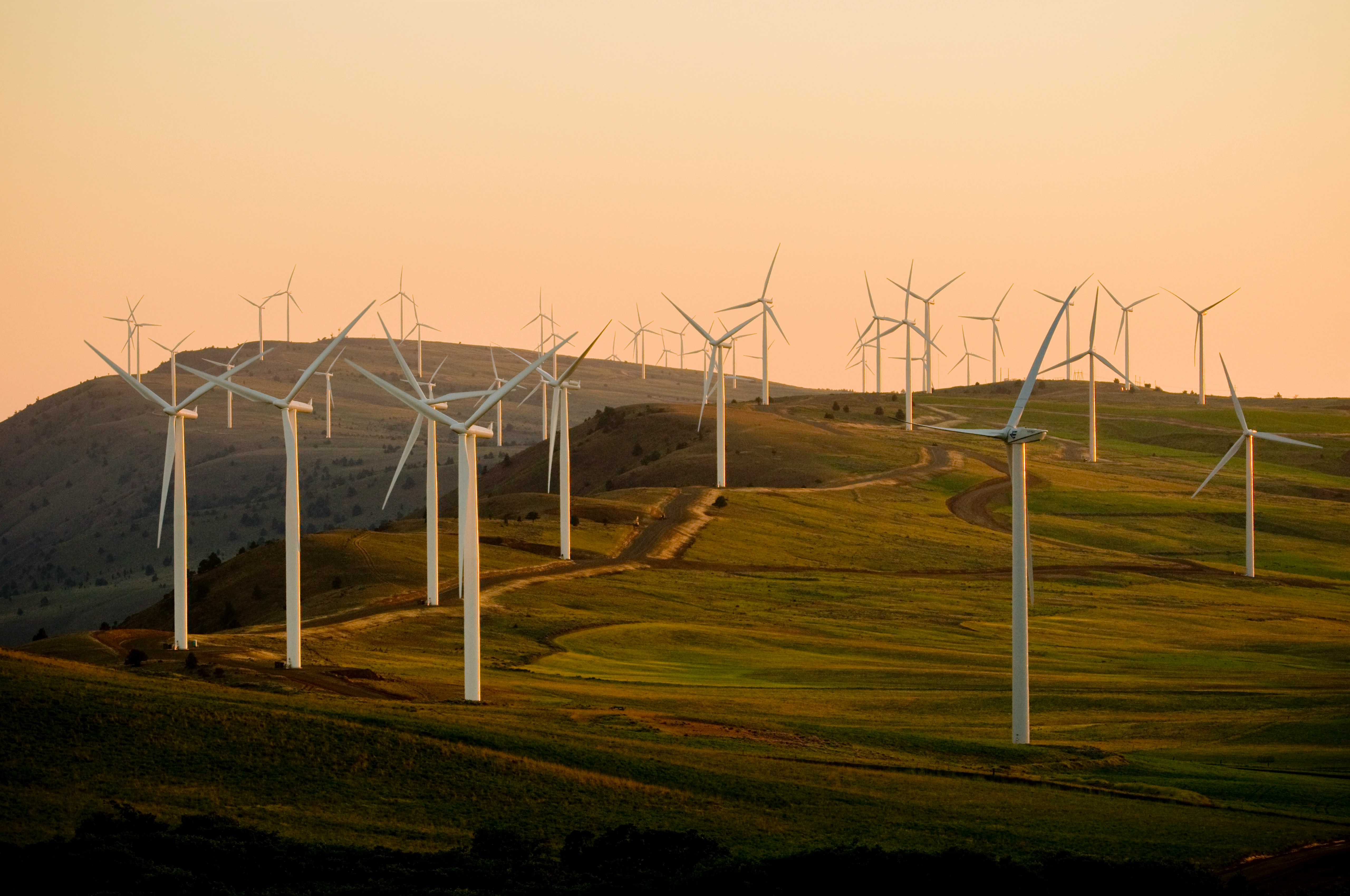Wind turbines at sunset